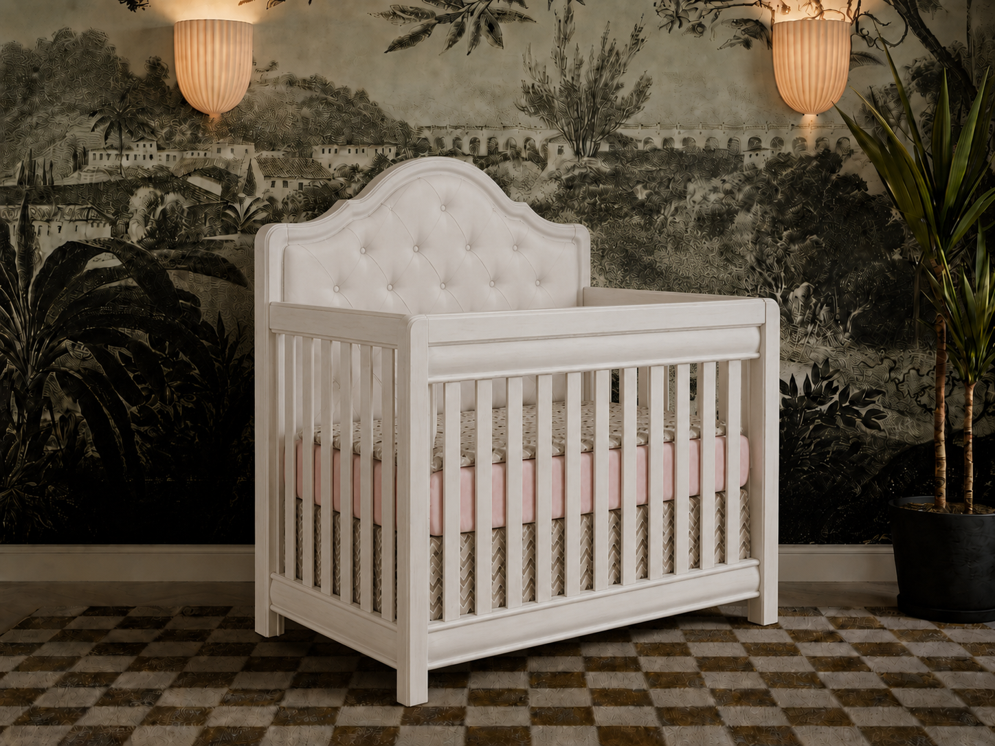 Cristallo Crib in Vintage White finish with White vinyl headboard