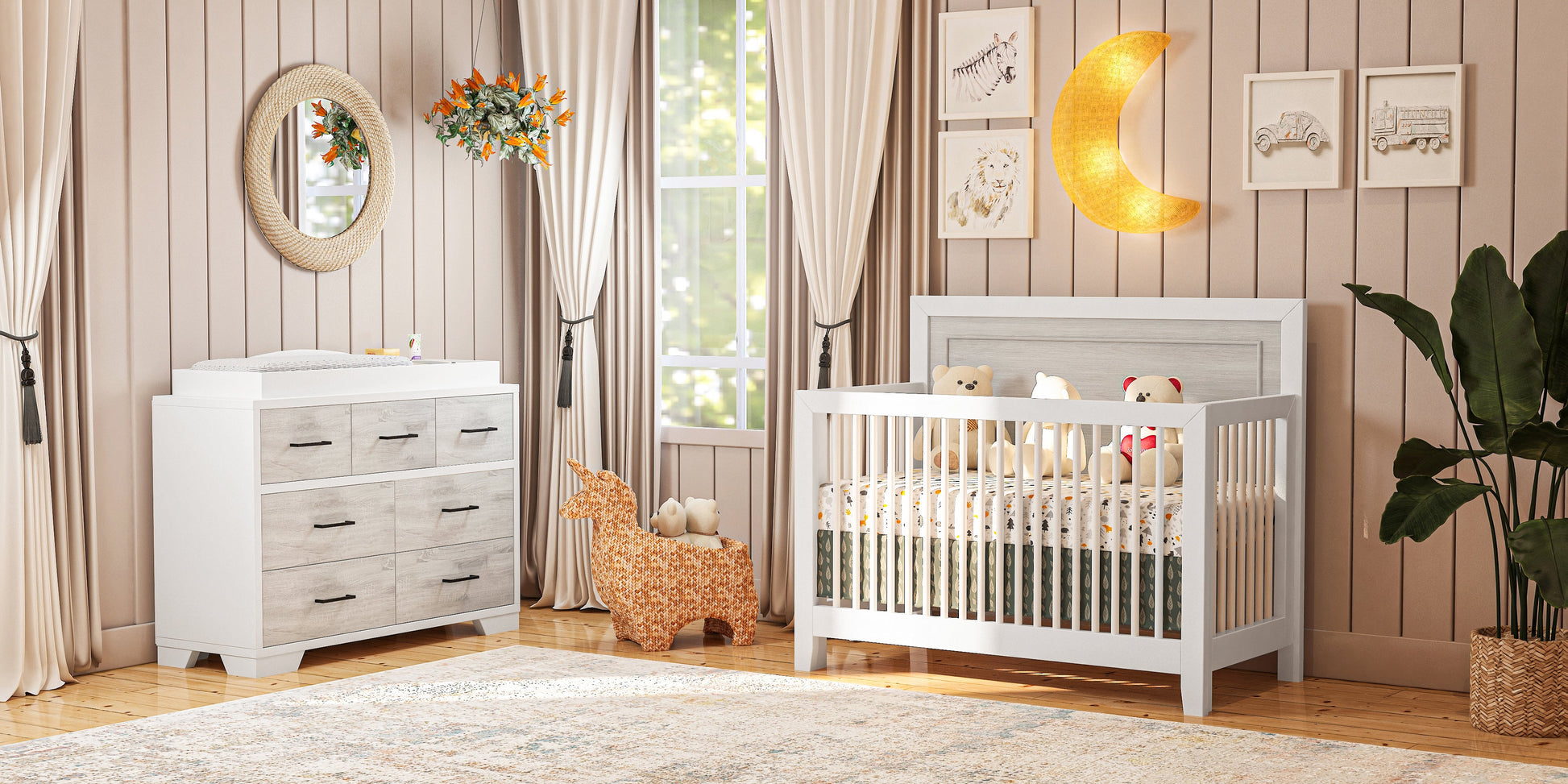 Birch 7 Drawer Double Dresser in White/Grey