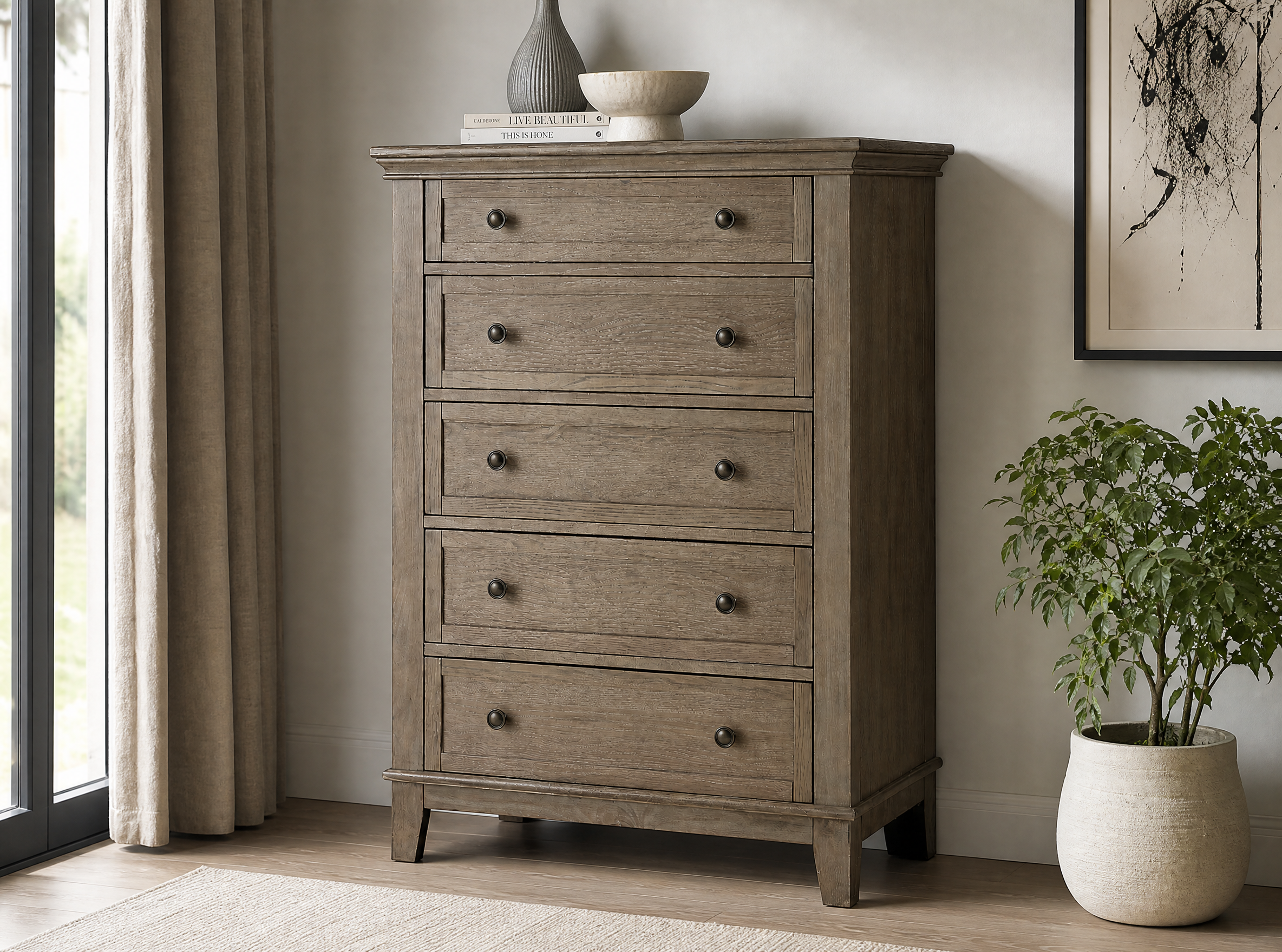 Color: Sand | Leland 5 Drawer Chest