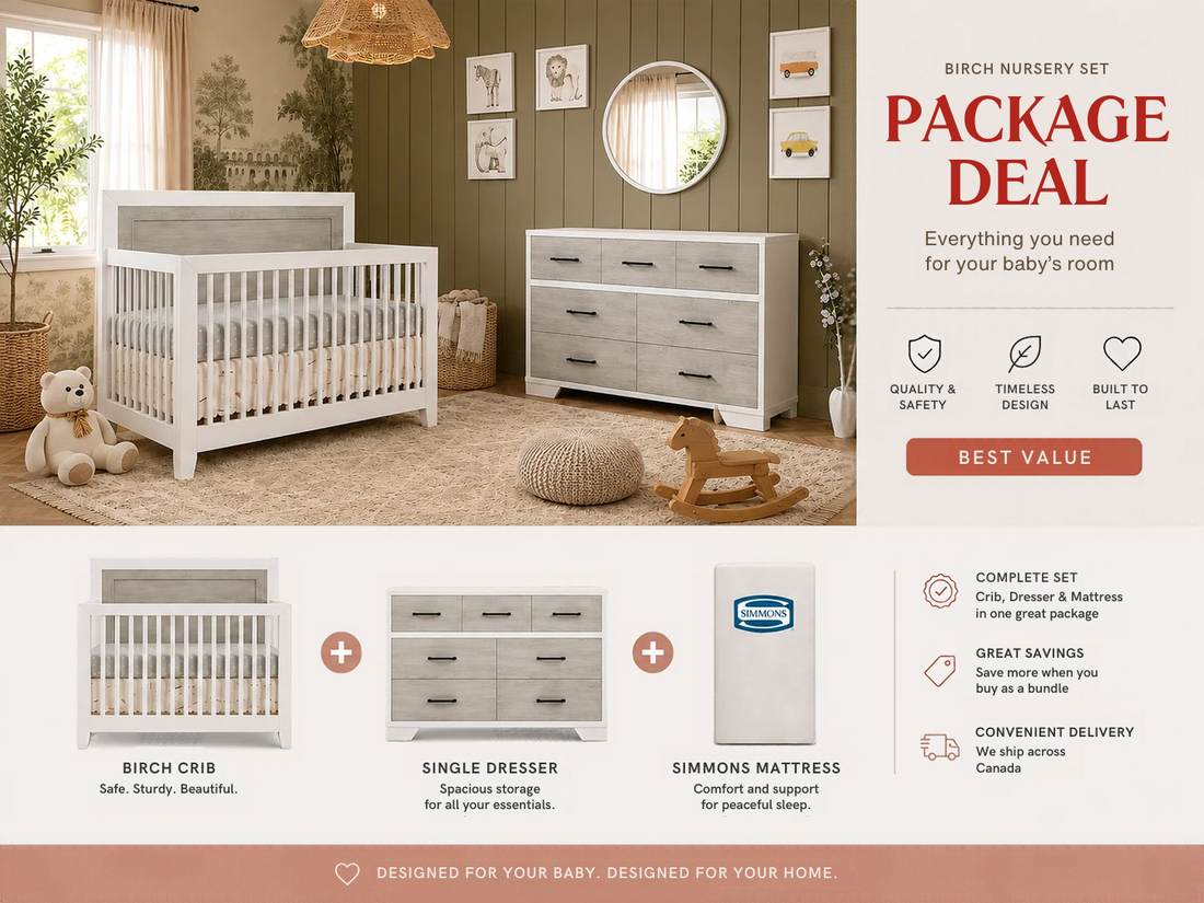 Color: White/Grey | 3 PIECE BIRCH SET  ** CRIB+DRESSER+FREE MATTRESS**