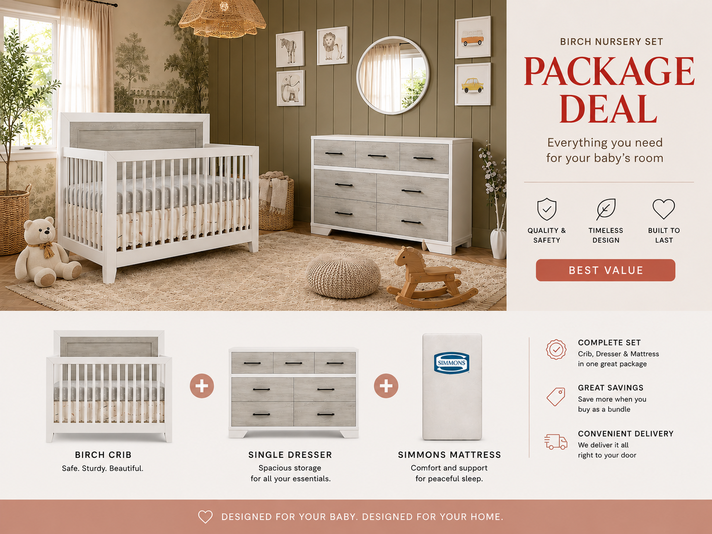 3 PIECE BIRCH SET  ** CRIB+DRESSER+FREE MATTRESS**