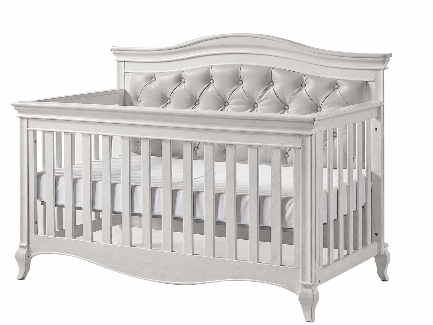 Color: White | Pali Diamante Collection Forever Crib in Vintage White with Grey Leather Panel