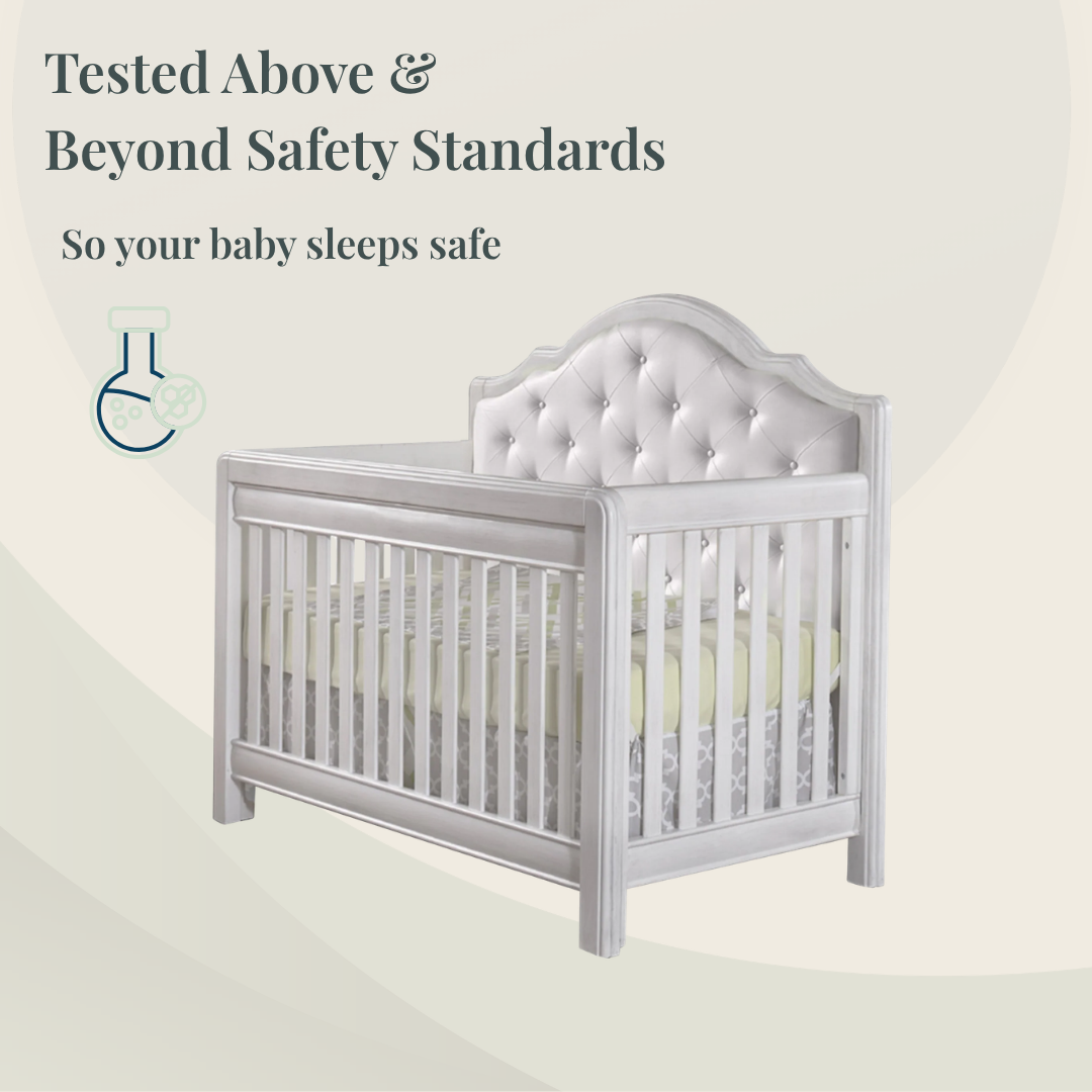 Cristallo Crib in Vintage White finish with White vinyl headboard