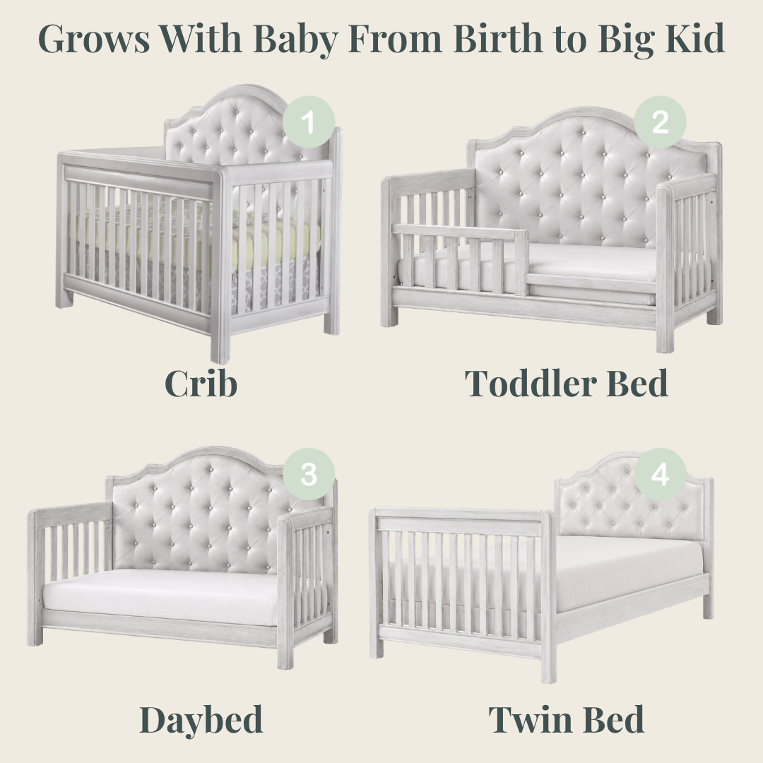 Cristallo Crib in Vintage White finish with White vinyl headboard