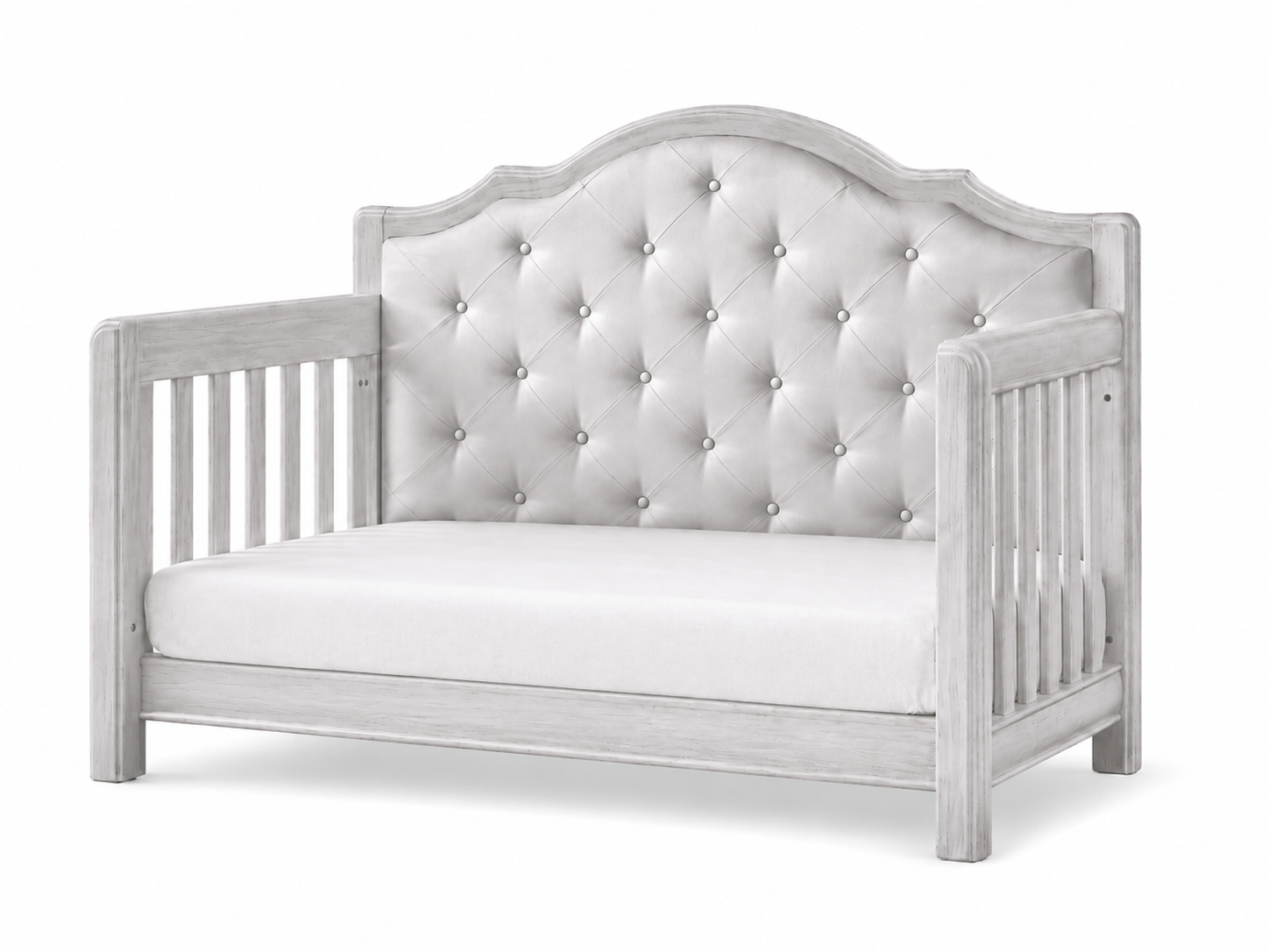 Cristallo Crib in Vintage White finish with White vinyl headboard