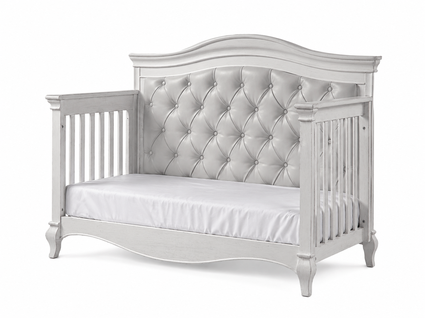 Color: White | Pali Diamante Collection Forever Crib in Vintage White with Grey Leather Panel