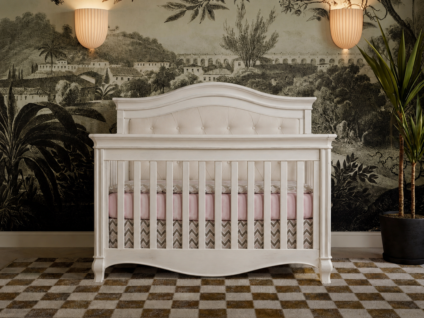 Pali Diamante Collection Forever Crib in Vintage White with Beige Fabric Panel
