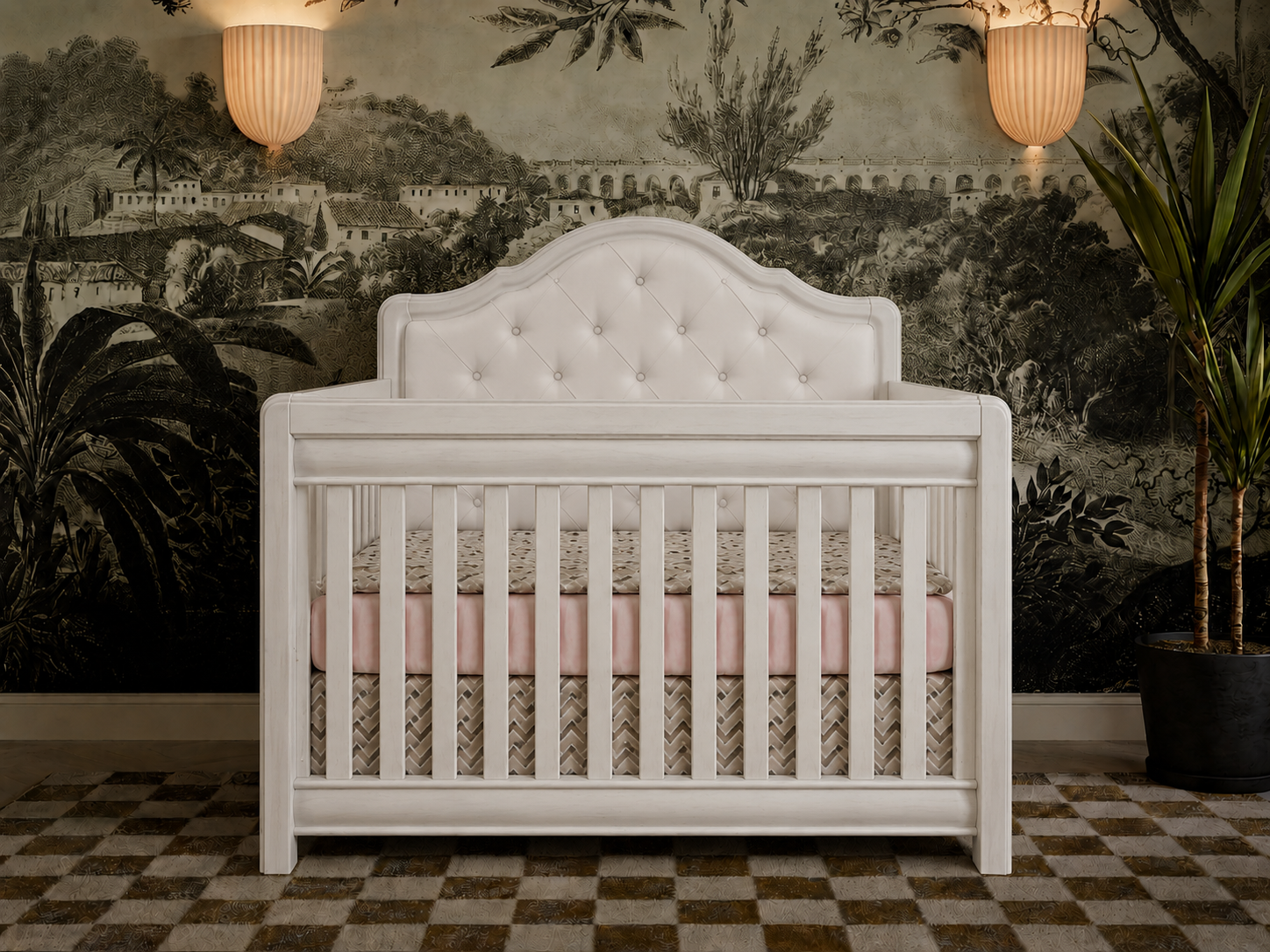 Cristallo Crib in Vintage White finish with White vinyl headboard
