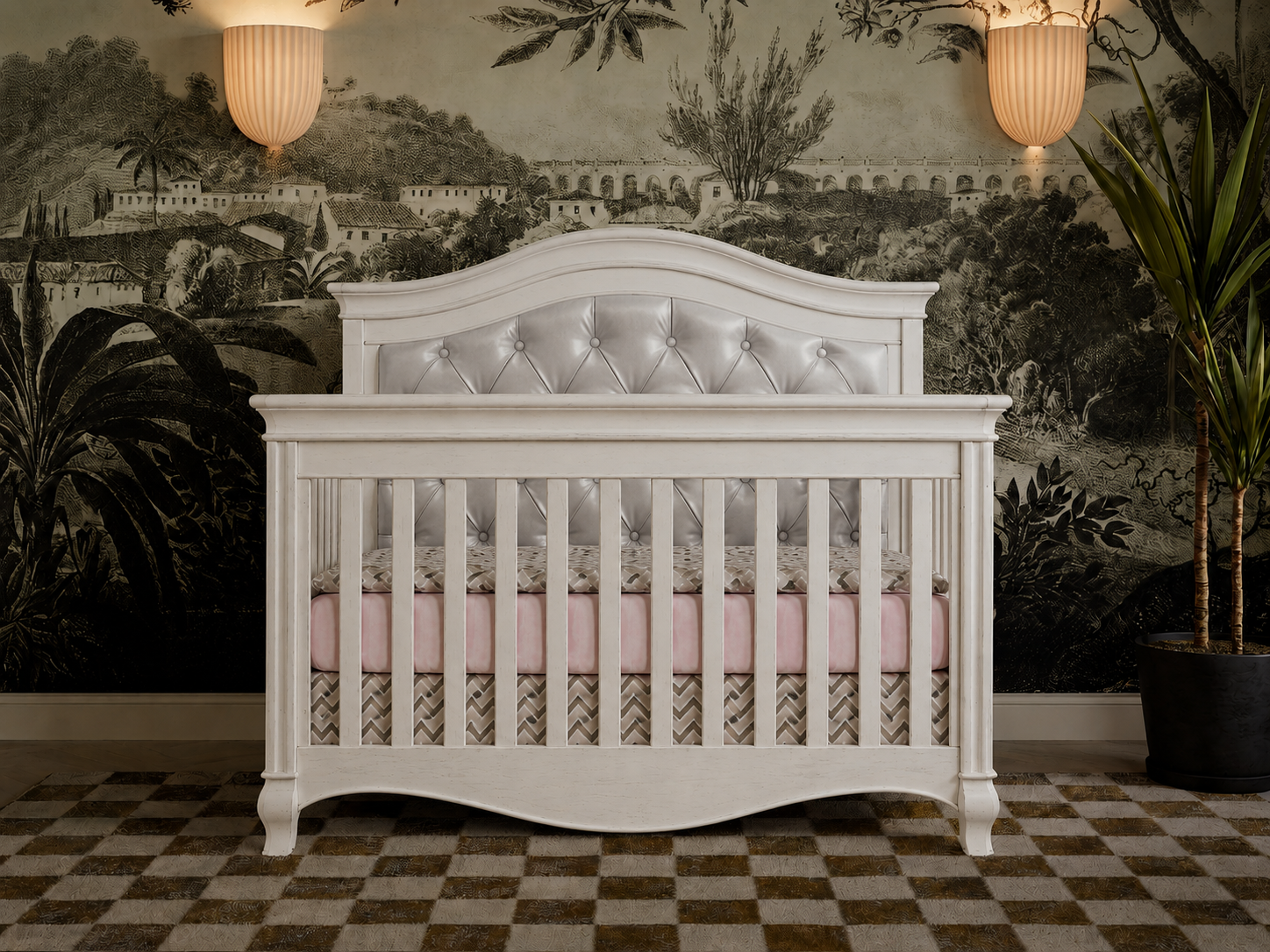 Color: White | Pali Diamante Collection Forever Crib in Vintage White with Grey Leather Panel