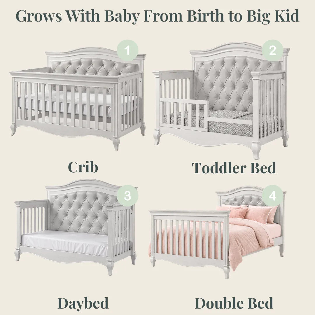 Color: Vintage White | Pali Diamante Collection Forever Crib in Vintage White with Grey Leather Panel