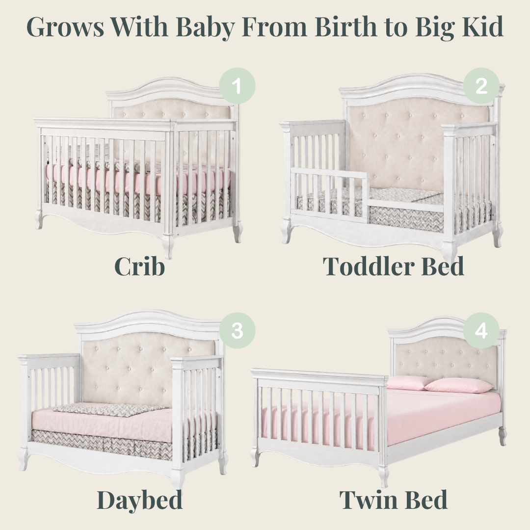 Pali Diamante Collection Forever Crib in Vintage White with Beige Fabric Panel