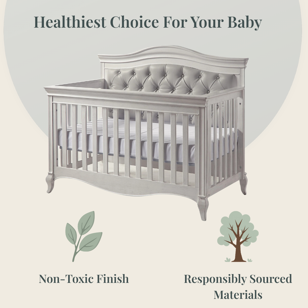 Color: White | Pali Diamante Collection Forever Crib in Vintage White with Grey Leather Panel