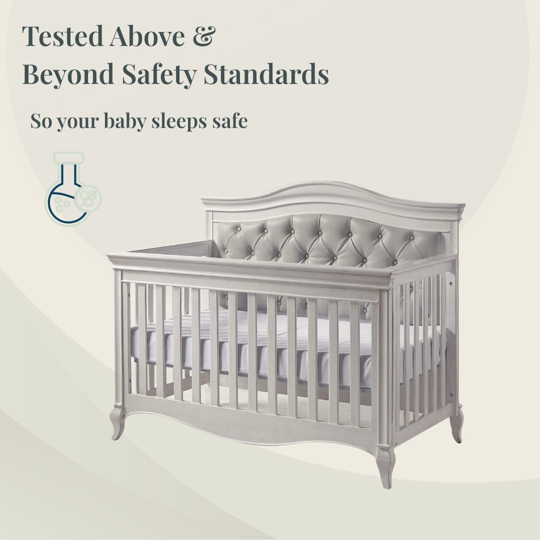 Color: White | Pali Diamante Collection Forever Crib in Vintage White with Grey Leather Panel