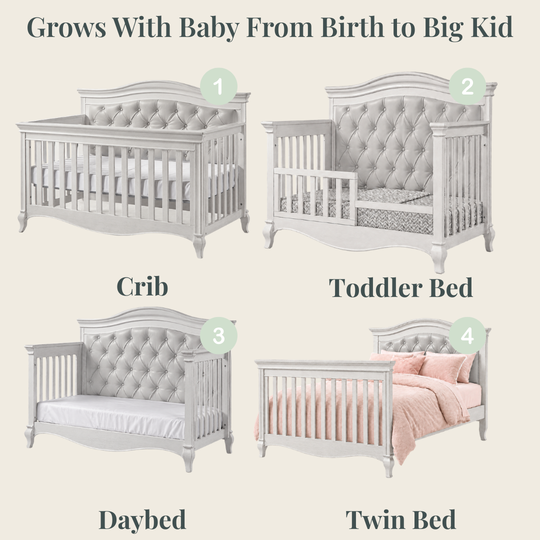 Color: White | Pali Diamante Collection Forever Crib in Vintage White with Grey Leather Panel