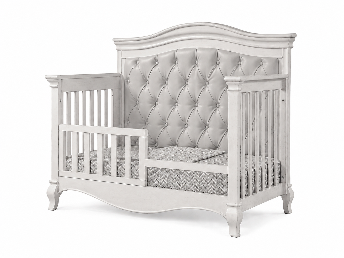 Color: White | Pali Diamante Collection Forever Crib in Vintage White with Grey Leather Panel