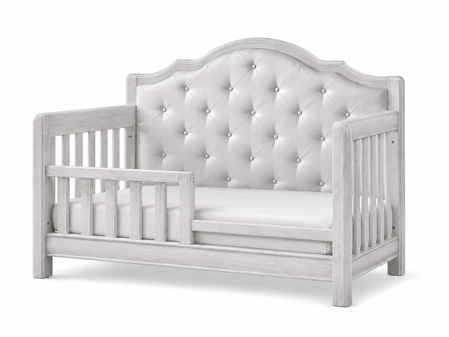 Cristallo Crib in Vintage White finish with White vinyl headboard