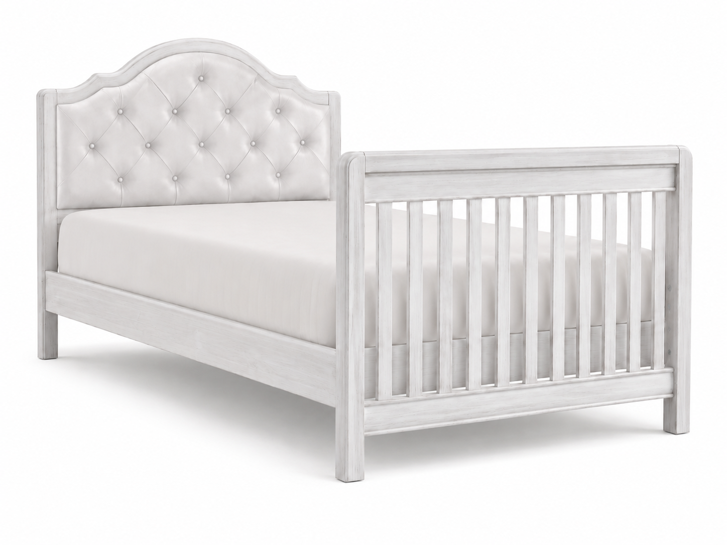 Cristallo Crib in Vintage White finish with White vinyl headboard