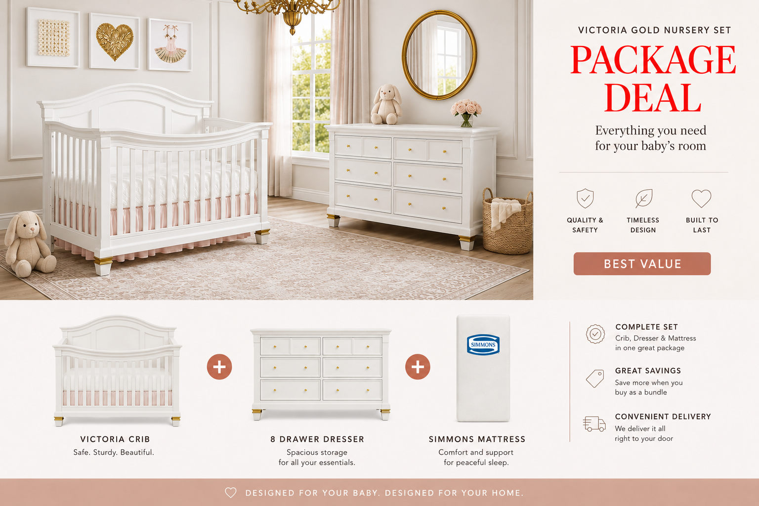 3 Piece Victoria Package Deal White and Gold  **CRIB+DRESSER+FREE MATTRESS**