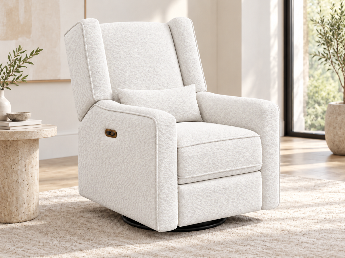Color: White | Lil Angels Contour Pedic Swivel Power Glider Recliner in Sand