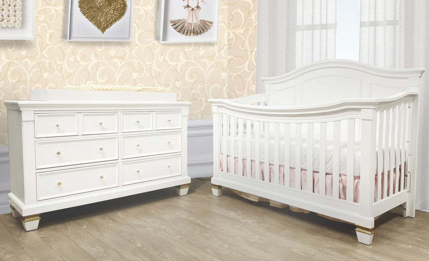 3 Piece Victoria Package Deal White and Gold  **CRIB+DRESSER+FREE MATTRESS**