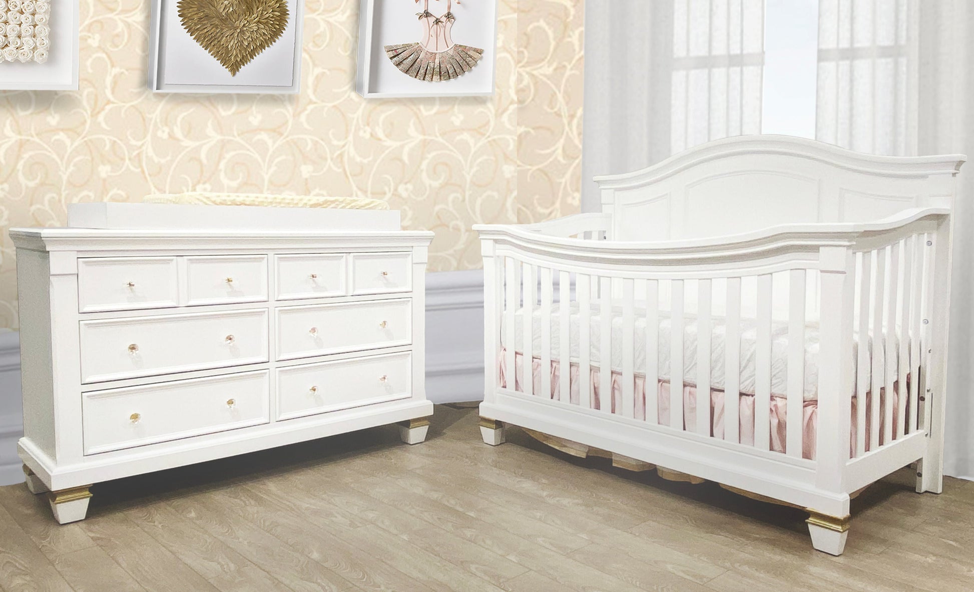 3 Piece Victoria Package Deal White and Gold  **CRIB+DRESSER+FREE MATTRESS** image 0
